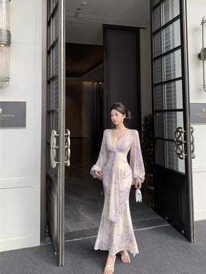 [Slip Dress + Floral Cardigan] Sexy Two-Piece Set With Printed V-Neck Lace Trim And Slim Fit