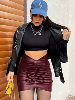 Pleated PU Commuter Skirt Bodycon Skirt