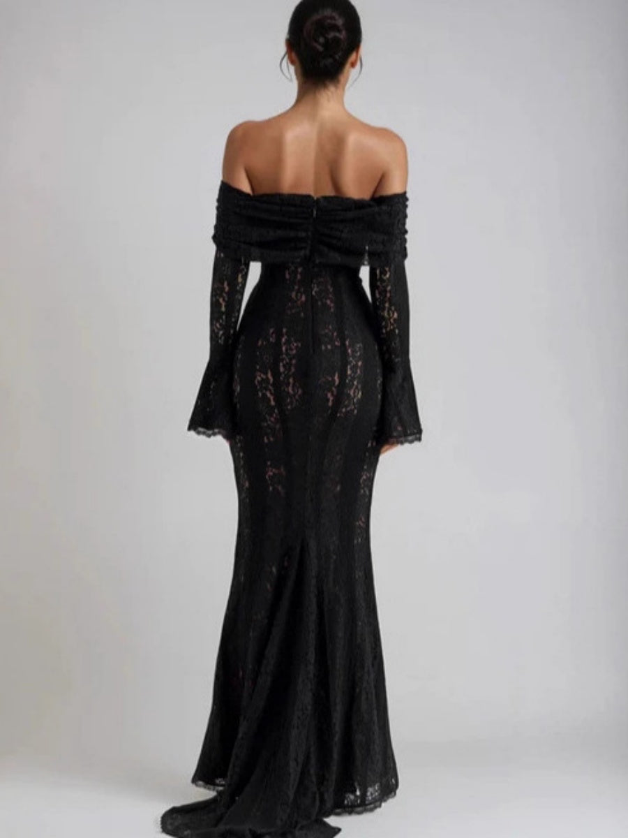 【EXPÉDITION NORMALE】Robes maxi moulantes en dentelle ajourée, épaules dénudées et manches évasées