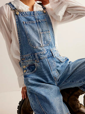 Washed Vintage Loose Straight-leg Cargo Denim Overalls