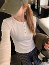 Korean Style Henley Collar Top With Straight Shoulders