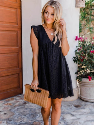 Lace Jacquard Openwork V-neck With Ruffles Solid Color Mini&Short Dresses