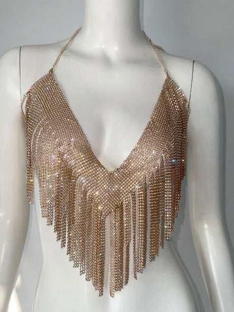 Diamond Sequins Tassel Halter Neck And Backless Tank Tops&Camis