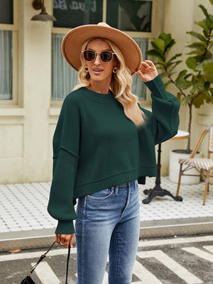Liber Autumn Women's Crew Neck Raglan sleeves Jacket Short Loose Long sleeve Sweaters