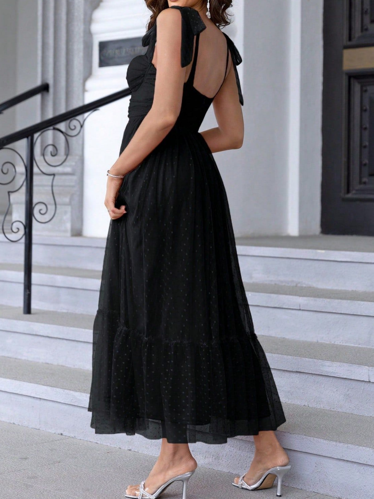 Polka Dots Strapless Shoulder Strap Mesh Splicing Sweet Maxi Dresses