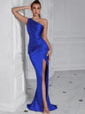 High-end Party Dress With One-shoulder Pleats, Fitted Design, And Slit.