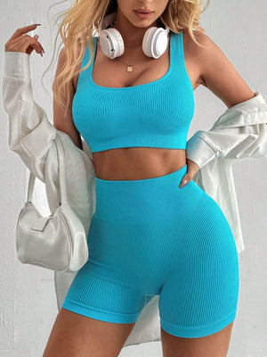 Piping Yoga Navel Exposed Suspender Shorts 2-piece Sets