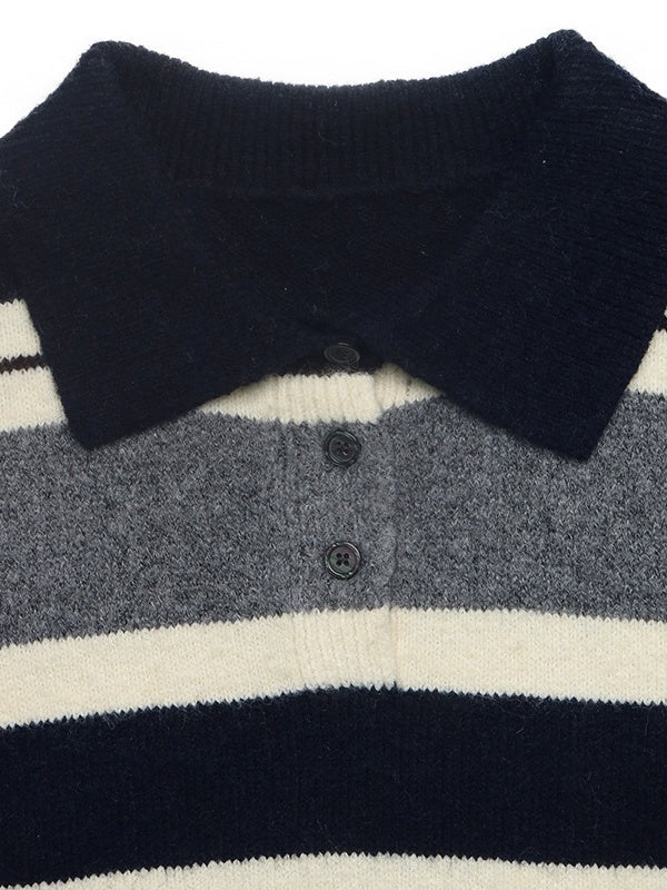 Casual Preppy Style Loose Striped Color-blocked Collar Half-open Knit Sweater