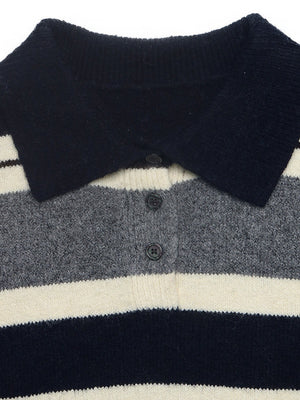 Casual Preppy Style Loose Striped Color-blocked Collar Half-open Knit Sweater
