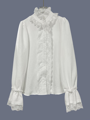 White Lace-trimmed Long-sleeved Shirt