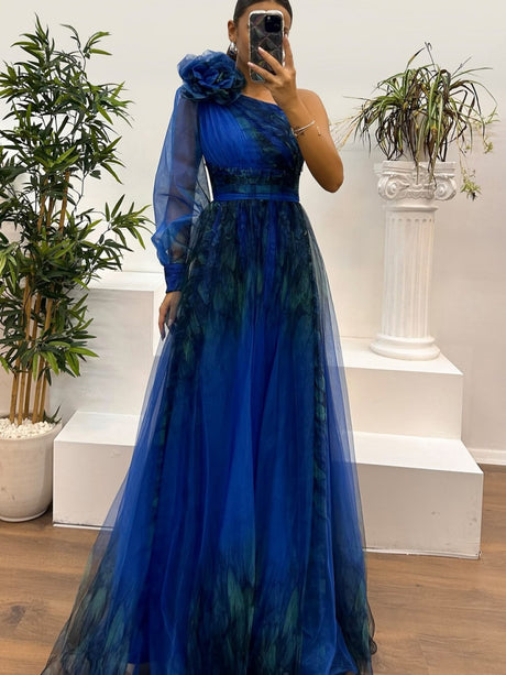 Sloping Shoulders Mesh Printed Reunion Maxi Dresses