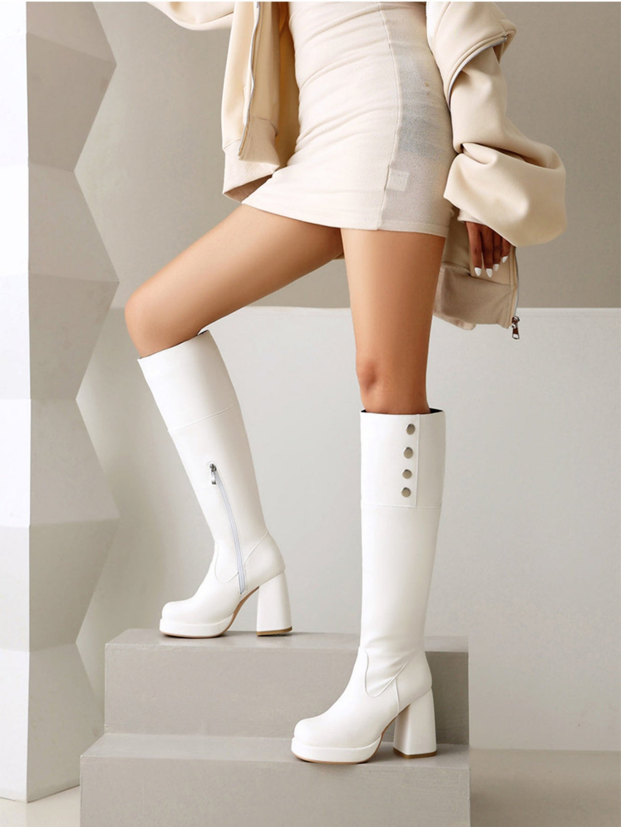 Platform Chunky Heeled Riding Boots With Side Zipper