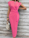 Bandage Stripes Crew Neck Short Sleeve Maxi Dresses