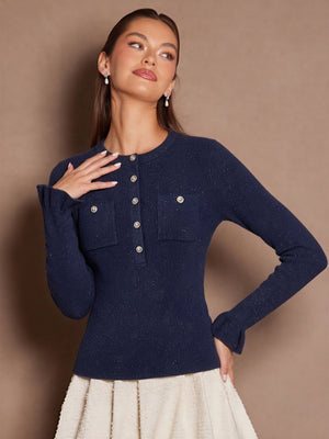 Half-open Metal Button Pocket Ruffle Sleeve Pullover Sweater