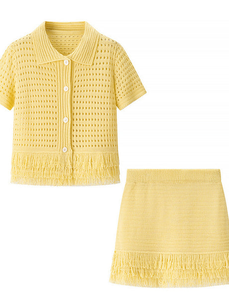 Tassel Knitting Short-sleeved Jacket High-waisted Mini Skirt 2-piece Sets