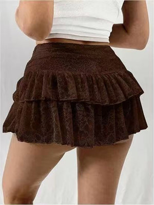 Y2K Lace Trim Low-waisted Pleats Multi-tiered Cake Skirt Sweet Short Skirt