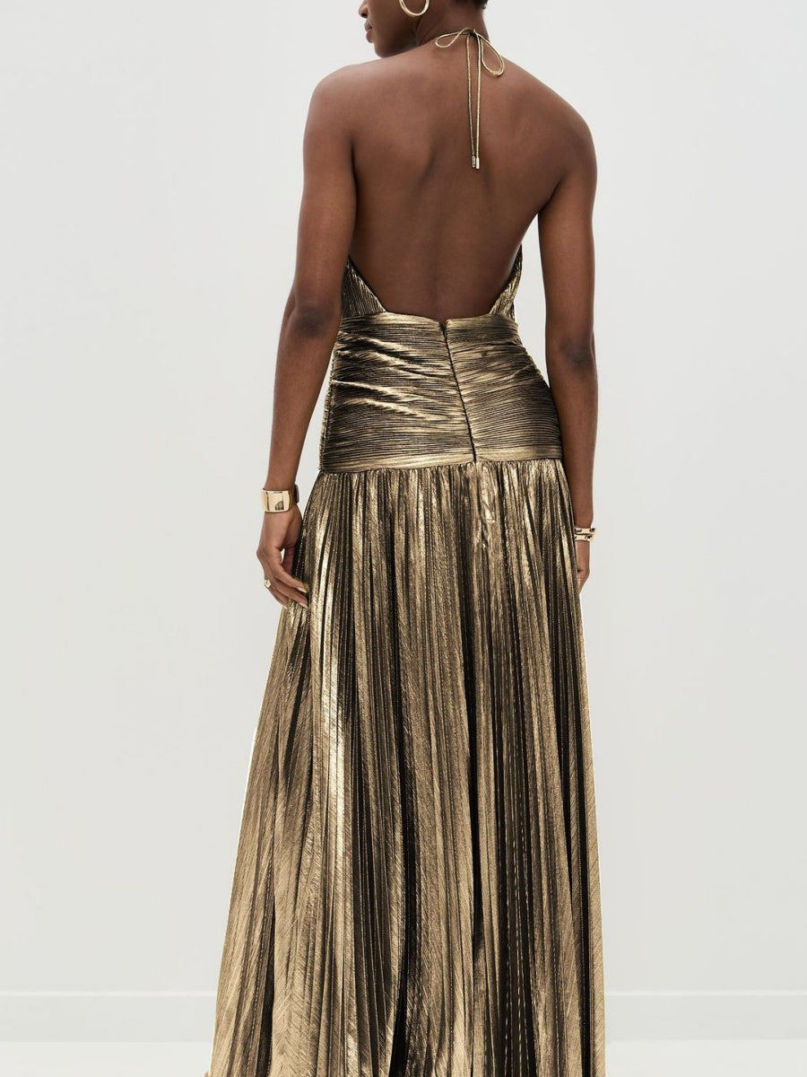 Metallic Halter Neck Style Crimp Slit Thin Strap Sleeveless Backless Cocktail Party Parties Formal Dress Long Dress