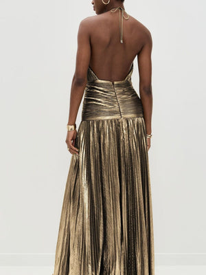 Metallic Halter Neck Style Crimp Slit Thin Strap Sleeveless Backless Cocktail Party Parties Formal Dress Long Dress