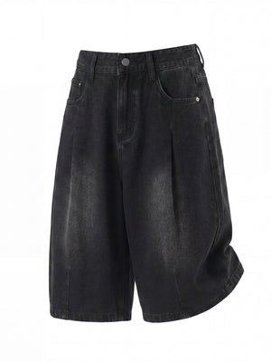 Distressed Washed Gathering 7 Points Denim Shorts