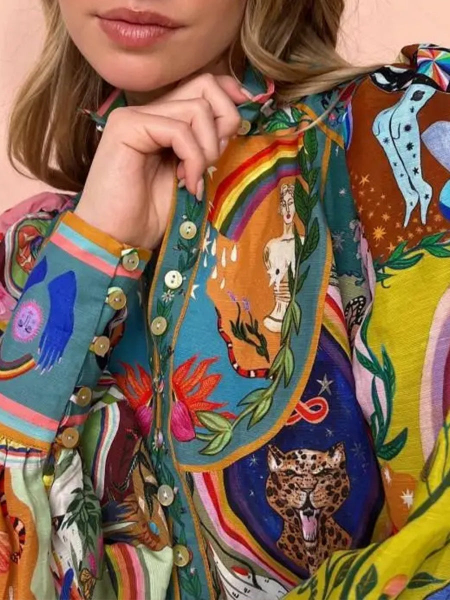 Painting Plants And Flowers Crew Neck Waist Lace Up Pleated Long Sleeve Mini&Short Dresses