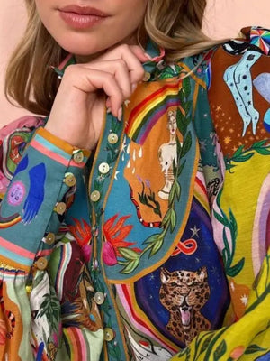 Painting Plants And Flowers Crew Neck Waist Lace Up Pleated Long Sleeve Mini&Short Dresses