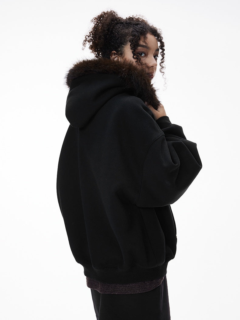 Hooded Embroidery Plush Collar Boxy Short Coat