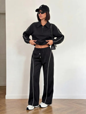 American Retro Color-blocked Striped Tracksuit For Women Two-piece Set: Collared Half-zip Sweatshirt And High-waisted Wide-leg Sweatpants