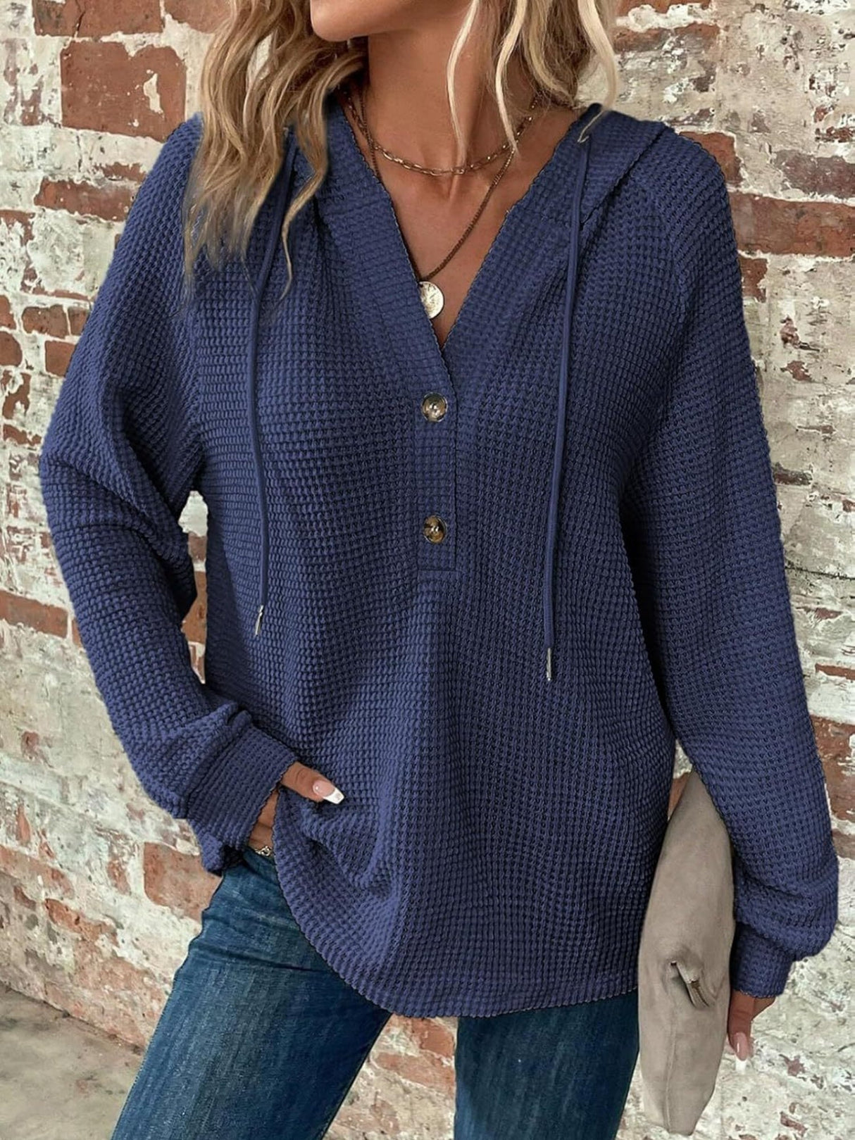 Waffle Drawstring Buttons V-neck Long Sleeve Hoodie