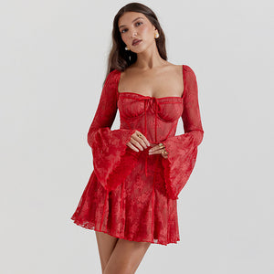 New Lace Flared Sleeve Strapless Dress