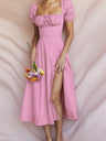 Square Collar Bandage Puff Sleeve Slit Midi Dresses
