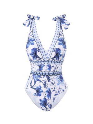 Blue And White Porcelain Print One-piece Slimming And Figure-flattering Long Swimsuit And Sun Protection Dress Two-piece Set