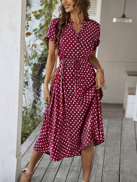 Polka Dots Polo Collar Waist Tie Short Sleeves Maxi Dresses
