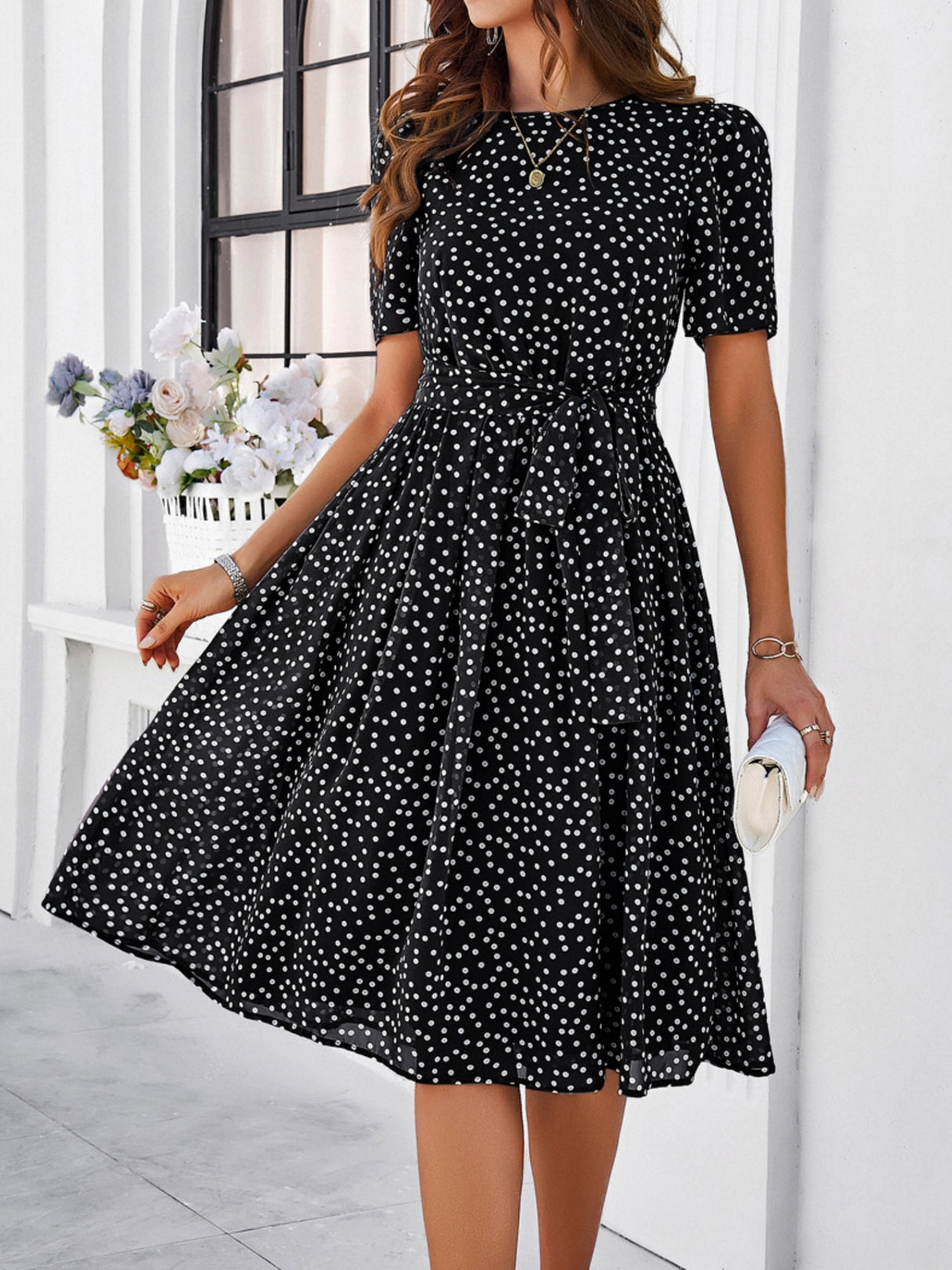 Polka Dots Crew Neck Waist Tie Short Sleeves Maxi Dresses