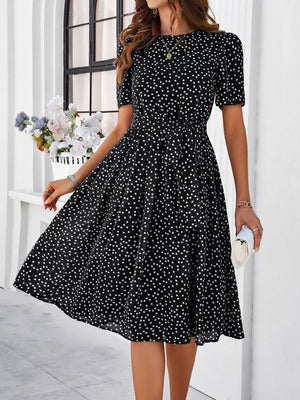 Polka Dots Crew Neck Waist Tie Short Sleeves Maxi Dresses