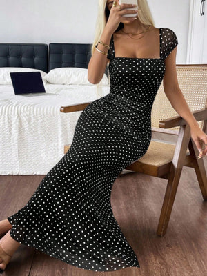 Polka Dot Ruched Mesh Fishtail Maxi Dress