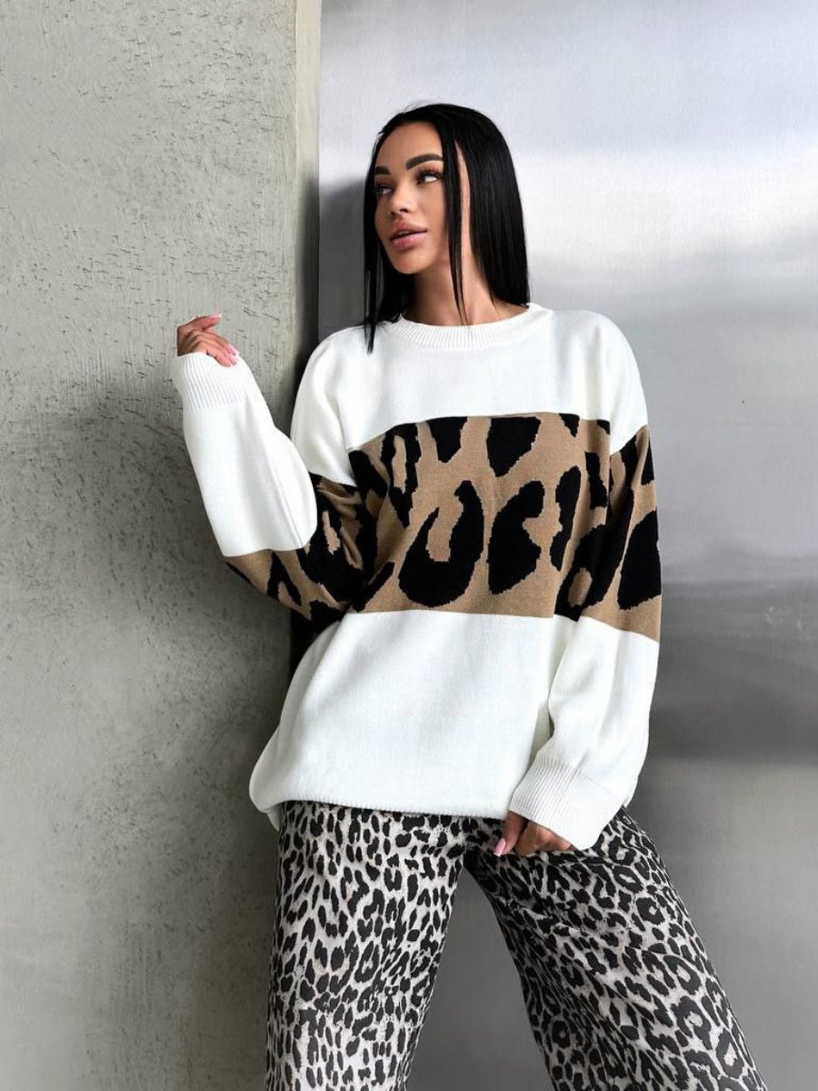 Liber Autumn women's leopard print clothing Raglan sleeve paneled pullover sweater