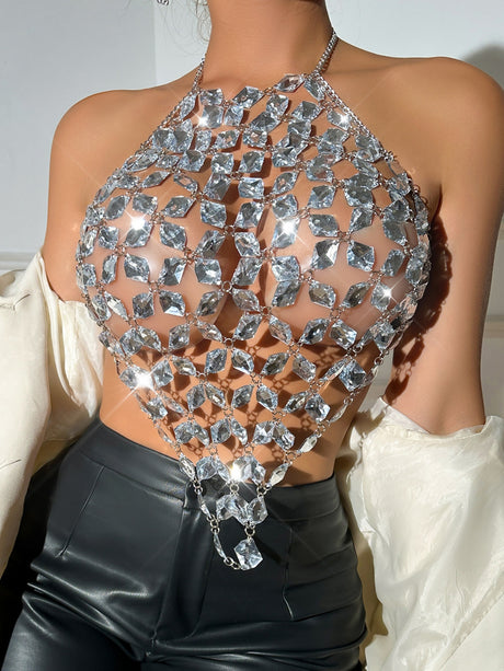 Diamond-studded Openwork Chain Splicing Halter Neck And Backless Tank Tops&Camis