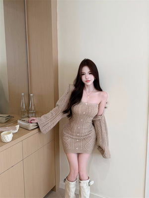 Knitted Elegant Fashion Set: Long-sleeved, Waist-cinching Sweater And Strapless Dress Two-Piece Set