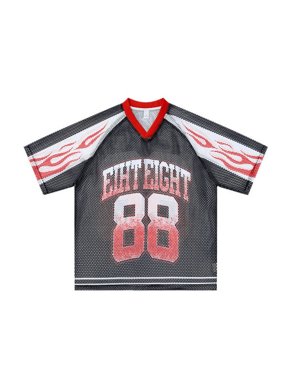 Flame Printed Net Hole Jersey Loose-fit Breathable T-shirts