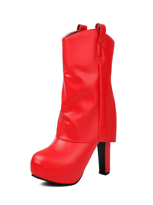 Patchwork Pleated High-heeled Mid-calf Women's Boots