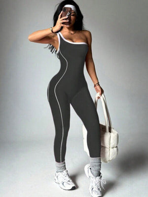 Color-blocked Stripes One Shoulder Exercise And Fitness Yoga Jumpsuits