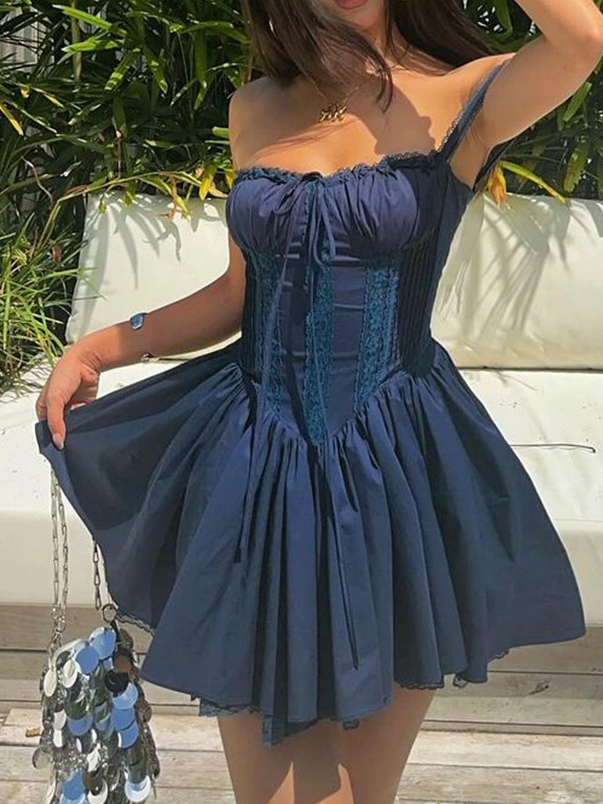 Lace Patchwork Waist-cinching And Backless Spaghetti Strap Short Dress