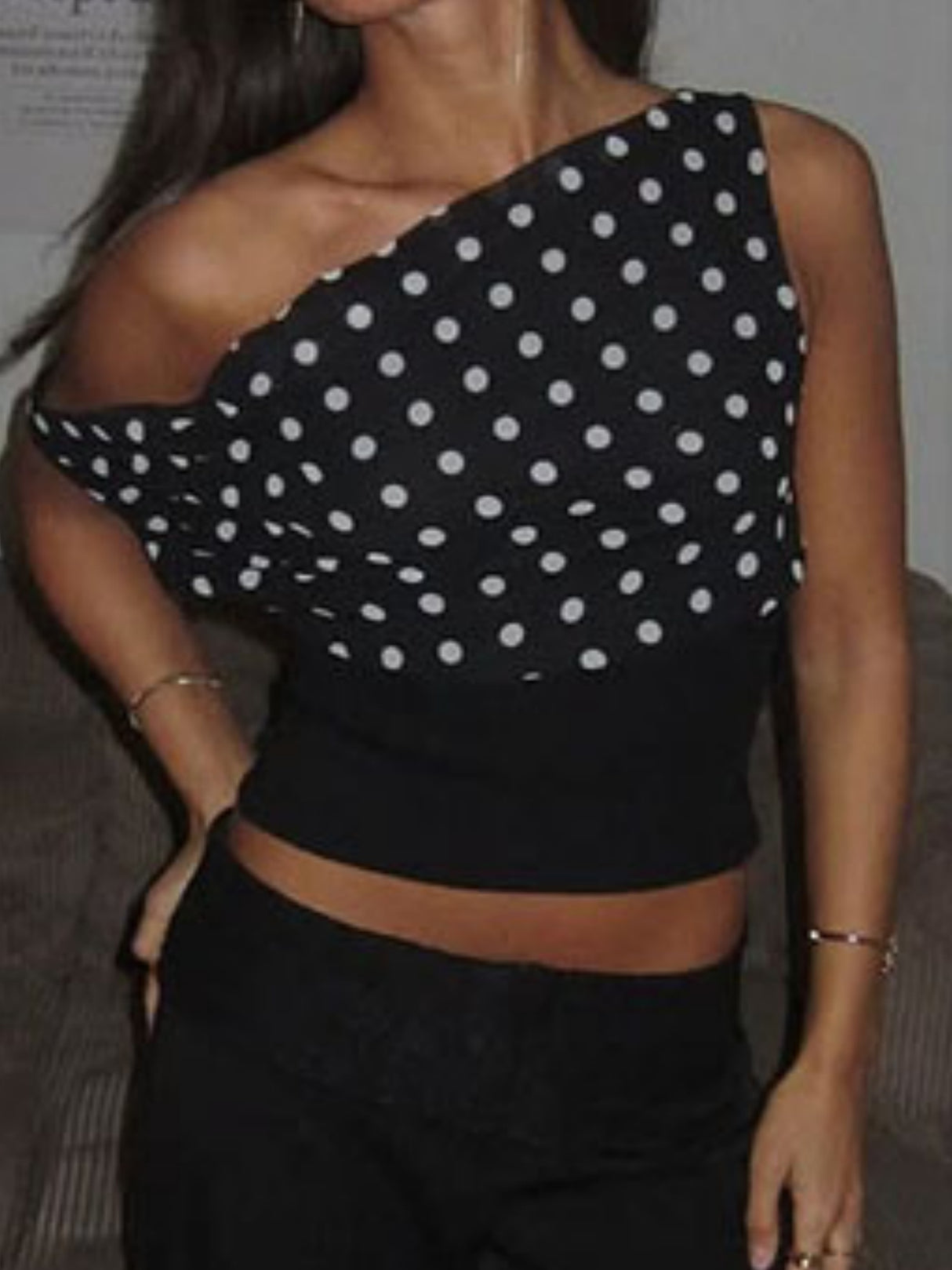 Polka Dots One-shoulder Off-shoulder Cropped Top And Cinched Waist Tank Tops&Camis