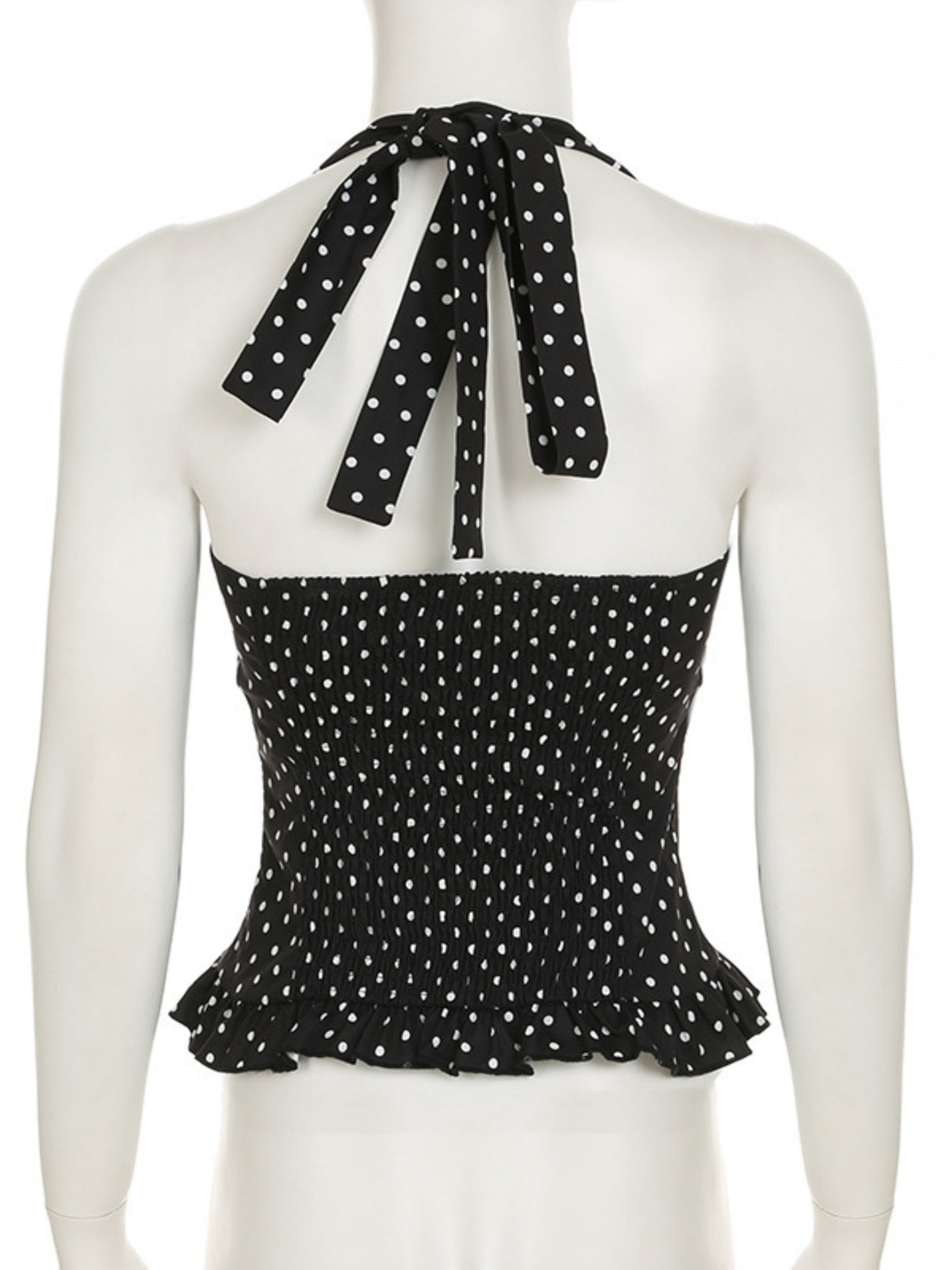 Polka Dots Wavy Lace Chest Pleats Neck Strap Tank Tops&Camis