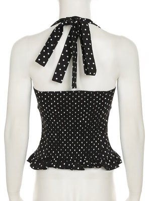 Polka Dots Wavy Lace Chest Pleats Neck Strap Tank Tops&Camis