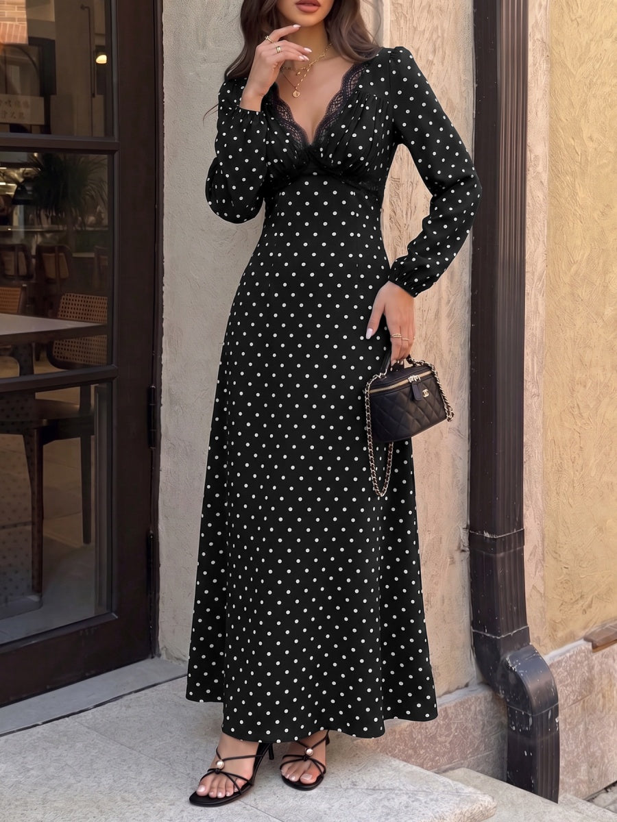 Lace-up Lace Polka Dots Splicing Polka Dots Maxi Dresses
