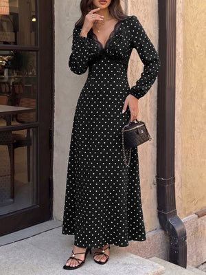 Lace-up Lace Polka Dots Splicing Polka Dots Maxi Dresses