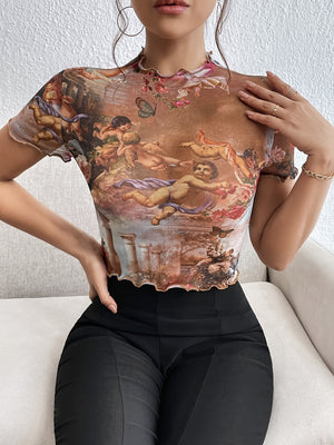 Printed Short Sleeve Mesh Sheer Tops