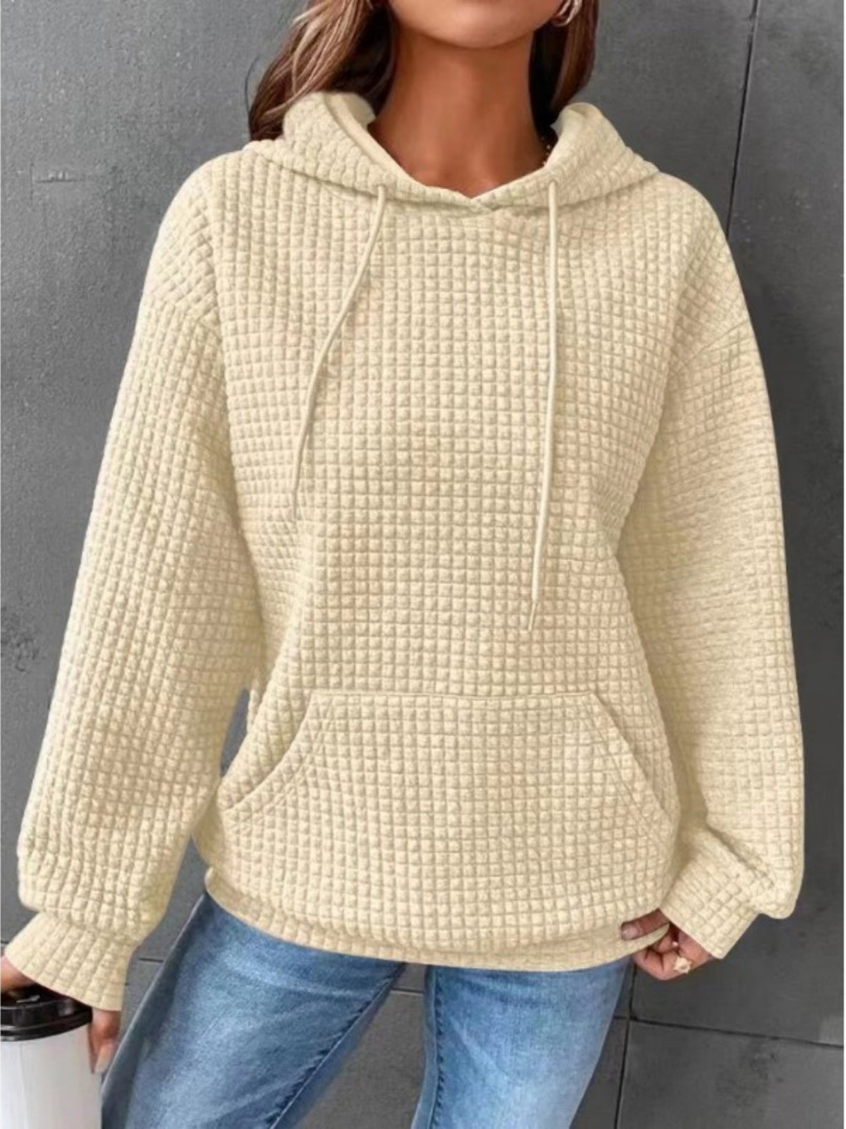 Waffle Drawstring Pocket Round Neck Long Sleeve Hoodie