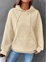 Waffle Drawstring Pocket Round Neck Long Sleeve Hoodie
